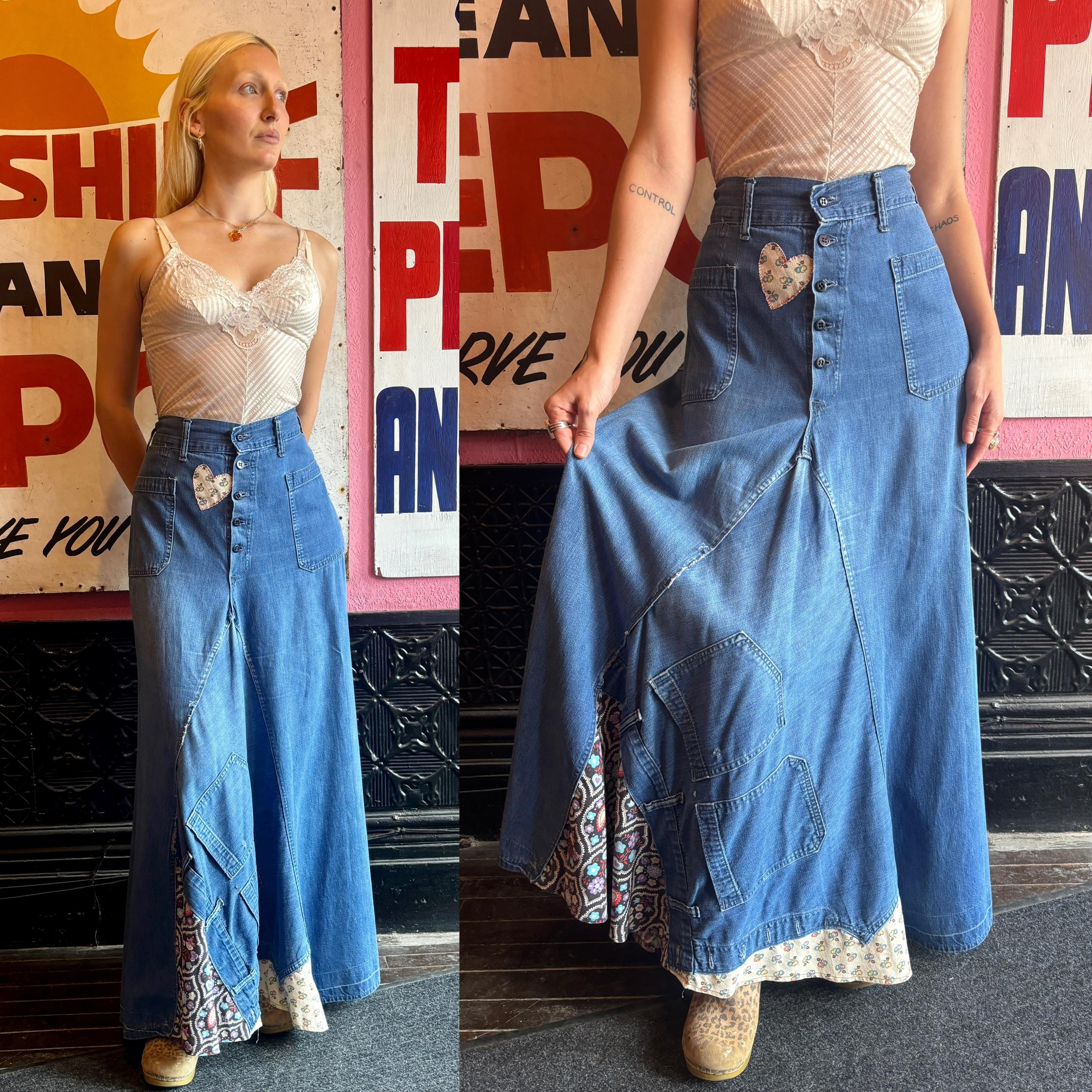 Ripped jean strappy skirt 70s
