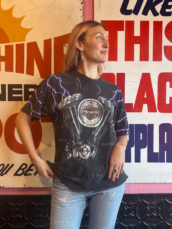 トップス Harley Davidson 90s Thunder&Lightning 1990s Harley Davidson Thunder & Lightning All Over Print
