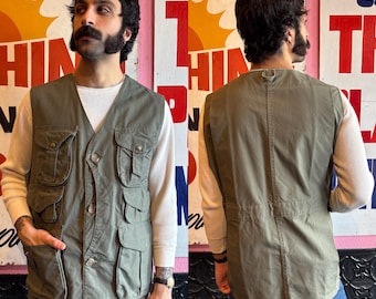 Chaleco cargo de caza Filson de tela encerada verde de los años 90 / Talla extragrande