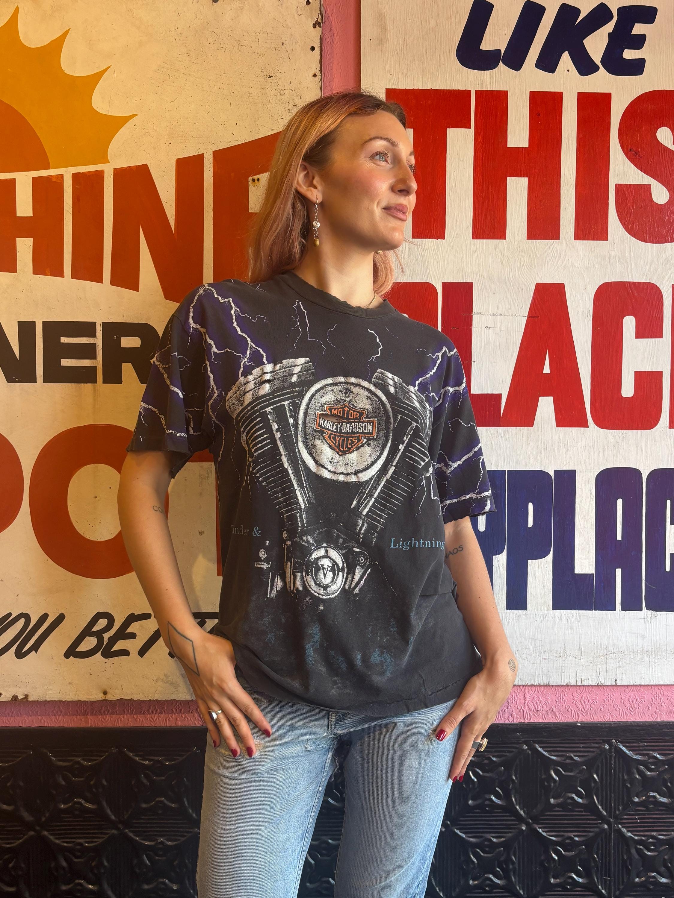 1990s Harley Davidson Thunder & Lightning All Over Print Single