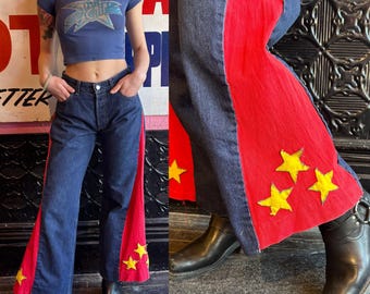 1990s 501s with Red Cut Outs on the Side Seams with Felted Star Motif | 29" x 28"
