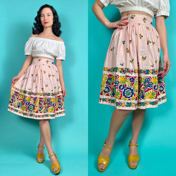 Late 1940s Pink Novelty Printed Cotton Skirt | Wa… - image 1