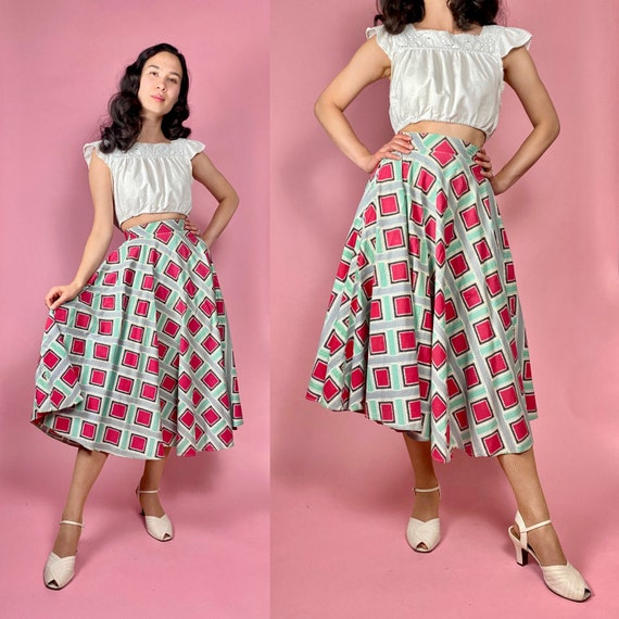 1940s Geometric Novelty Print Circle Skirt | 22" … - image 1
