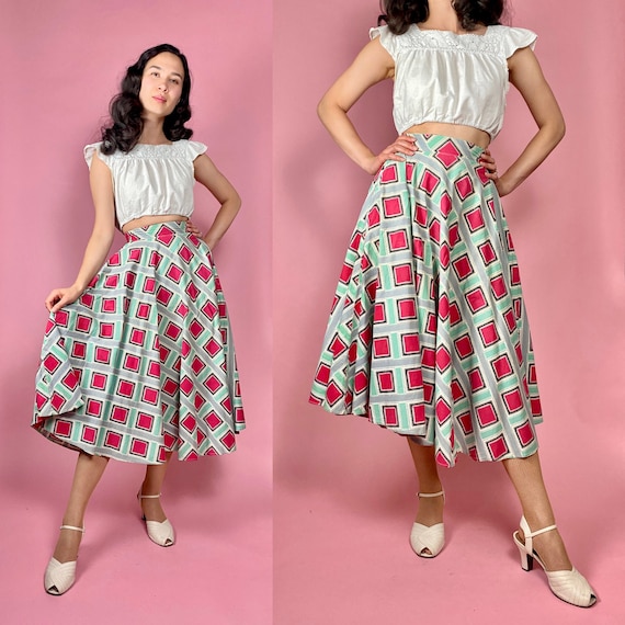 1940s Geometric Novelty Print Circle Skirt | 22" … - image 1