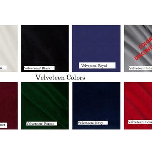 May include: A color chart displaying swatches of velveteen fabric in various colors. Colors include Snow, Black, Royal, Shale (discontinued), Cabernet, Forest, Navy, and Scarlet. The text "Velveteen Colors" is at the center.