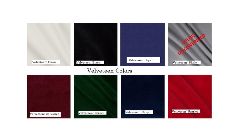 May include: A color chart displaying swatches of velveteen fabric in various colors. Colors include Snow, Black, Royal, Shale (discontinued), Cabernet, Forest, Navy, and Scarlet. The text "Velveteen Colors" is at the center.