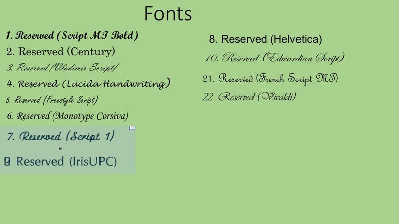 May include: A green background displays a list of fonts with their names. The text includes font names such as Script MT Bold, Century, and Helvetica. The word "Fonts" is at the top of the image.