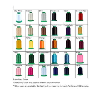 May include: A color chart displaying various embroidery thread colors, including Silky White, Cream, Silver, Charcoal, Black, and Country Red. Additional colors include Tan, Khaki, Fox Brown, and more. The chart also includes text about color variations.