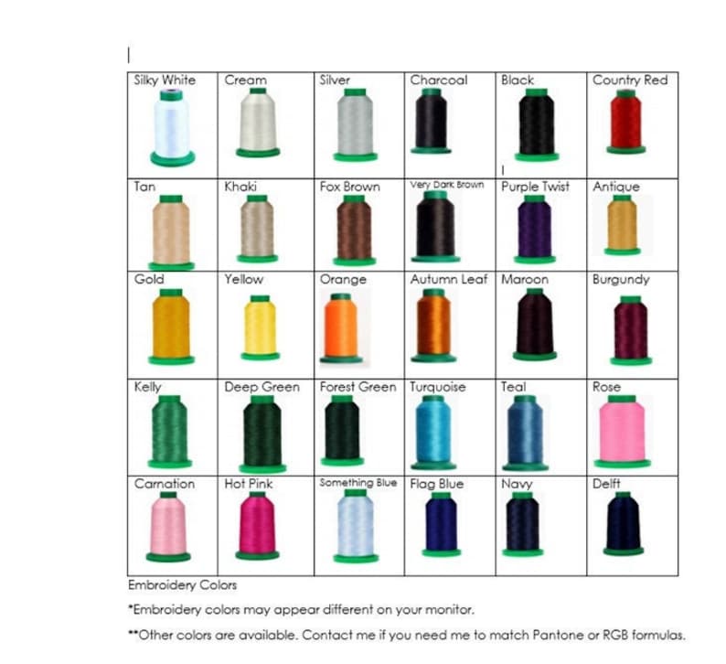 May include: A color chart displaying various embroidery thread colors, including Silky White, Cream, Silver, Charcoal, Black, and Country Red. Additional colors include Tan, Khaki, Fox Brown, and more. The chart also includes text about color variations.