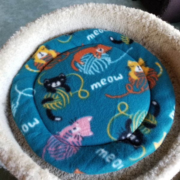 Cat Tree Cushion, Bed, Mat Fleece Teal Blue with Orange, Black, Pink and Yellow Cats 14” Diameter