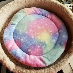 Cat Tree Cushion, Bed, Mat Fleece Pink, Blue, Yellow and Purple with White Stars 14” Diameter