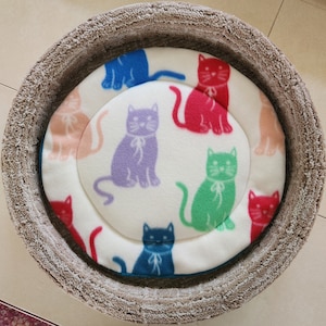 Cat Tree Cushion, Bed, Mat Fleece Tan, White with Red, Green, Blue and Purple Cats 14” Diameter