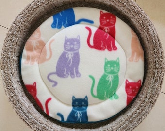 Cat Tree Cushion, Bed, Mat Fleece Tan, White with Red, Green, Blue and Purple Cats 14” Diameter