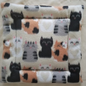 Cat Tree Cushion Fleece White with Black, Brown, White and Gray Kitties 12” Square
