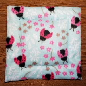 Cat Tree Cushion, Bed, Mat Fleece Blue With Black and Pink Lady Bugs Plaid 12&quot; Square