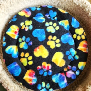 Cat Tree Cushion Fleece Black with Hearts and Paw Prints 14” Diameter