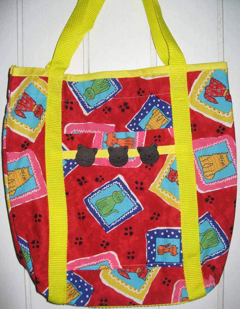 Cat Tote Bag Red and Yellow with Green and Yellow and White Cats