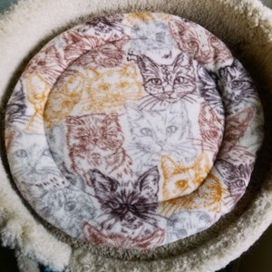 Cat Tree Cushion, Bed, Mat Fleece Brown Cat Faces 14” Diameter