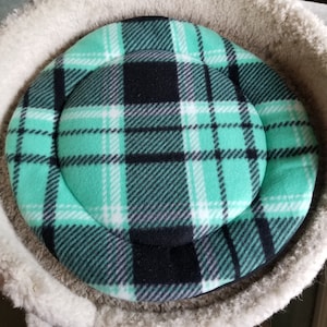 Cat Tree Cushion, Bed, Mat Fleece Green and Black Plaid 14” Diameter