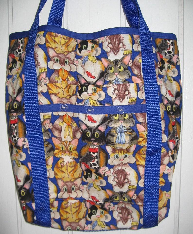 Market Tote Bag Royal Blue with Cats image 1
