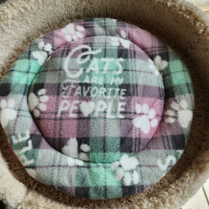 Cat Tree Cushion, Bed, Mat Fleece &quot;Cats Are My Favorite People&quot; Green, White and Gray Plaid 14” Diameter