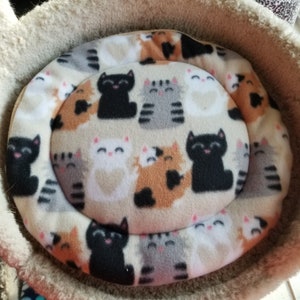 Cat Tree Cushion Fleece White with Black, Brown, White and Gray Kitties 14” Diameter