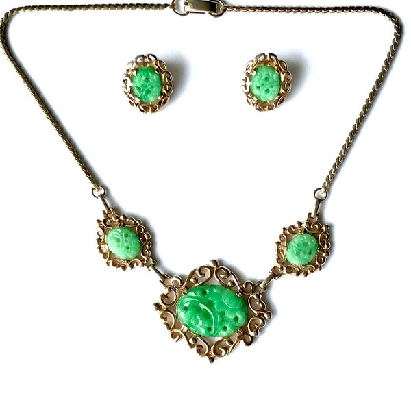 Vintage Lustern Jewelry Set Necklace Earrings, Art Nouveau Revival