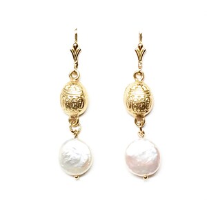 Gold Filled Pearl Drop Earrings, Wedding Jewelry, Scarab Earrings