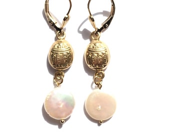 Scarab Earrings with Coin Pearls Gold Filled Jewelry, Lever Back Pearl Earrings