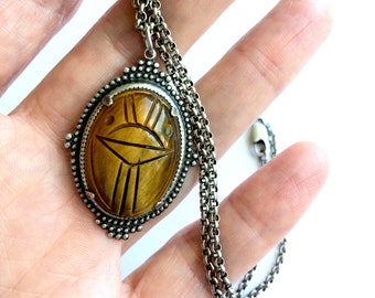 Tigers Eye Vintage Scarab Pendant Necklace, Antiqued Silver Jewelry