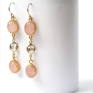 Drop Earrings of Rose Quartz Scarabs with White Topaz, Gold Filled Jewelry Gift