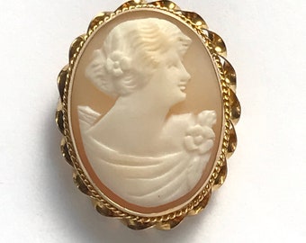 Antique Cameo Brooch, 10K Gold, Hand Carved Carnelian Shell