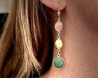 Rose Quartz and Aventurine Gold Filled Dangle Earrings, Handmade Gemstone Jewelry