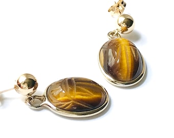 Tigers Eye Earrings, Semi Precious Stone Scarab Gold Filled Jewelry