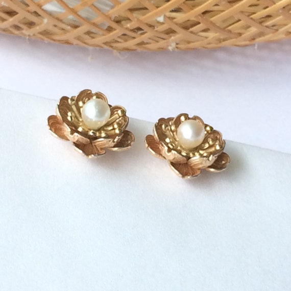 Vintage Pearl Flower Earrings, Gold Filled Jewelr… - image 5