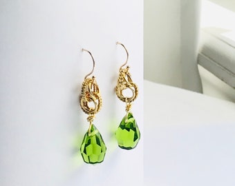 Gold Filled Earrings, Vintage Olivine Crystal Glass Briolette Dangles