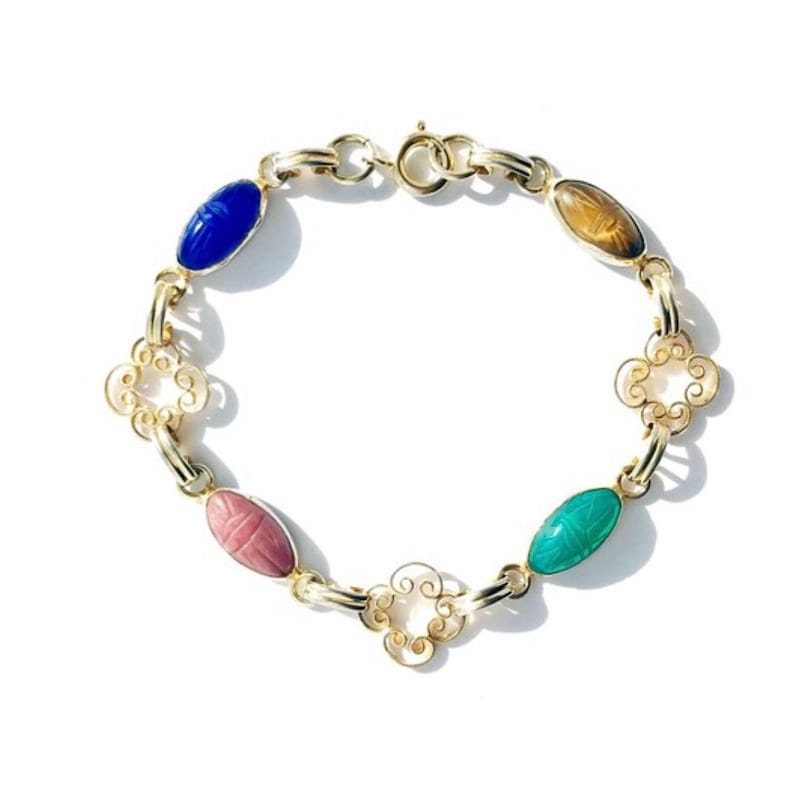 Vintage Jewelry Colorful Gold Filled Scarab Bracelet, Dainty Jewelry with Gemstone and Gold Filigree Links immagine 2