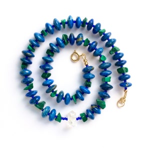 Lapis Necklace with Malachite and Clear Quartz, Healing Jewelry with Semi Precious Stones