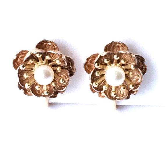 Vintage Pearl Flower Earrings, Gold Filled Jewelr… - image 1