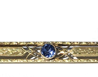 1920s Antique Sapphire Bar Brooch, 14K Gold Art Deco Jewelry