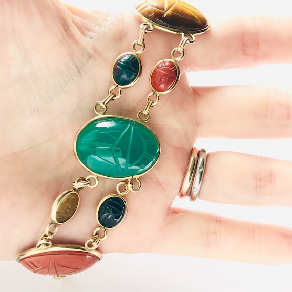 Vintage Gemstone Scarab Bracelet, Semi Precious S… - image 6