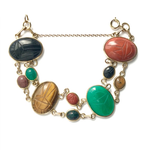 Vintage Gemstone Scarab Bracelet, Semi Precious S… - image 3