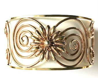 Vintage Wide Daisy Cuff, Yellow and Rose Gold Filled Bracelet