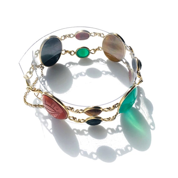 Vintage Gemstone Scarab Bracelet, Semi Precious S… - image 8