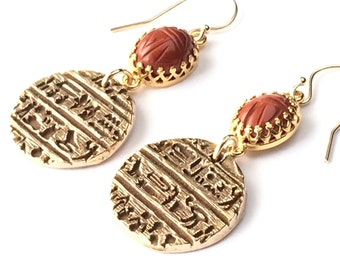 Bronze Earrings Gold Filled Jewelry, Red Jasper, Scarab Hieroglyphics