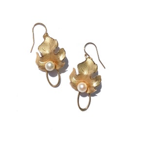 Bridal Earrings, Gold Filled Wedding Jewelry, Vintage Pearl Earrings, Leaf and Oval Dangles