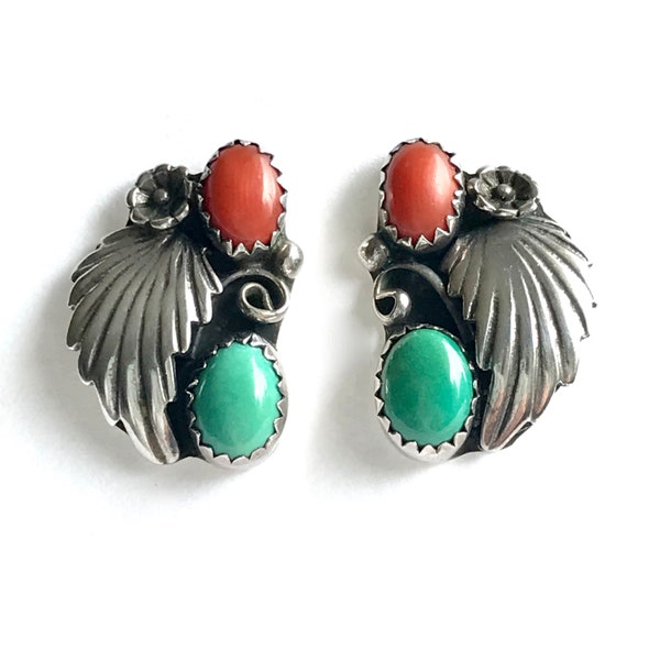 Vintage Southwest Earrings, Coral, Turquoise, Sterling Silver Floral Jewelry