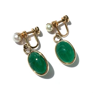 Gemstone Scarab Earrings, Green Chalcedony, Gold Filled Jewelry with Cultured Pearls