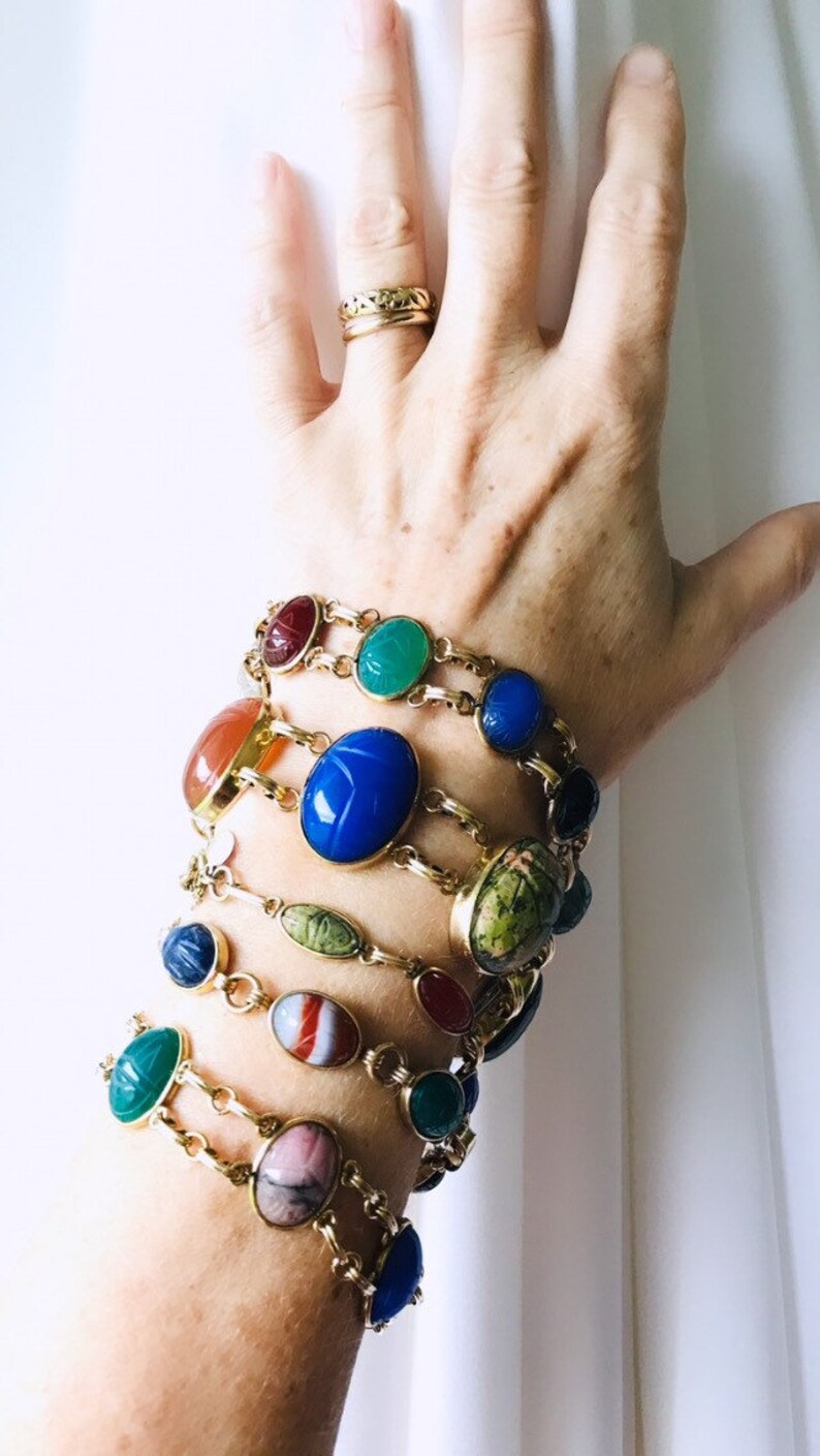 Vintage Jewelry Colorful Gold Filled Scarab Bracelet, Dainty Jewelry with Gemstone and Gold Filigree Links immagine 7