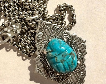 Turquoise Scarab in Silver Pendant Necklace, December Birthstone Jewelry